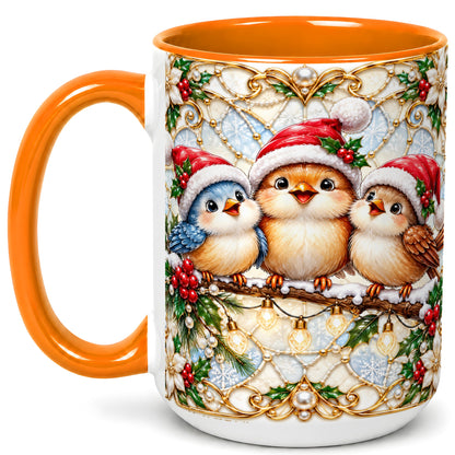 #pl[15oz|Orange] Christmas Songbirds Coffee Mug, Santa Bird Mug, Ceramic Cup