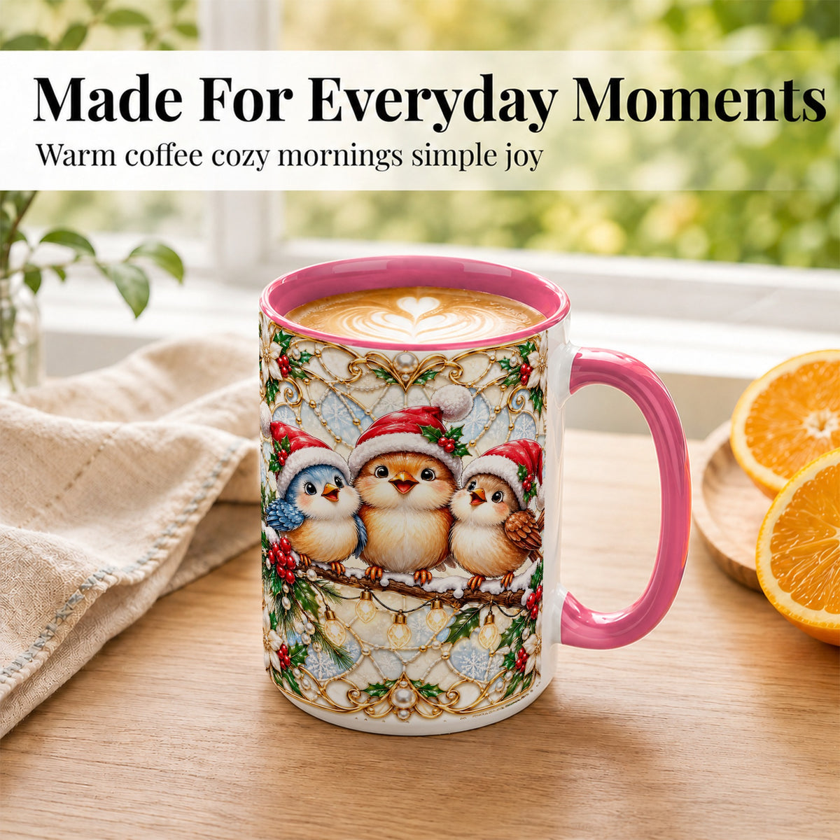 #pl[15oz|Pink] Christmas Songbirds Coffee Mug, Santa Bird Mug, Ceramic Cup