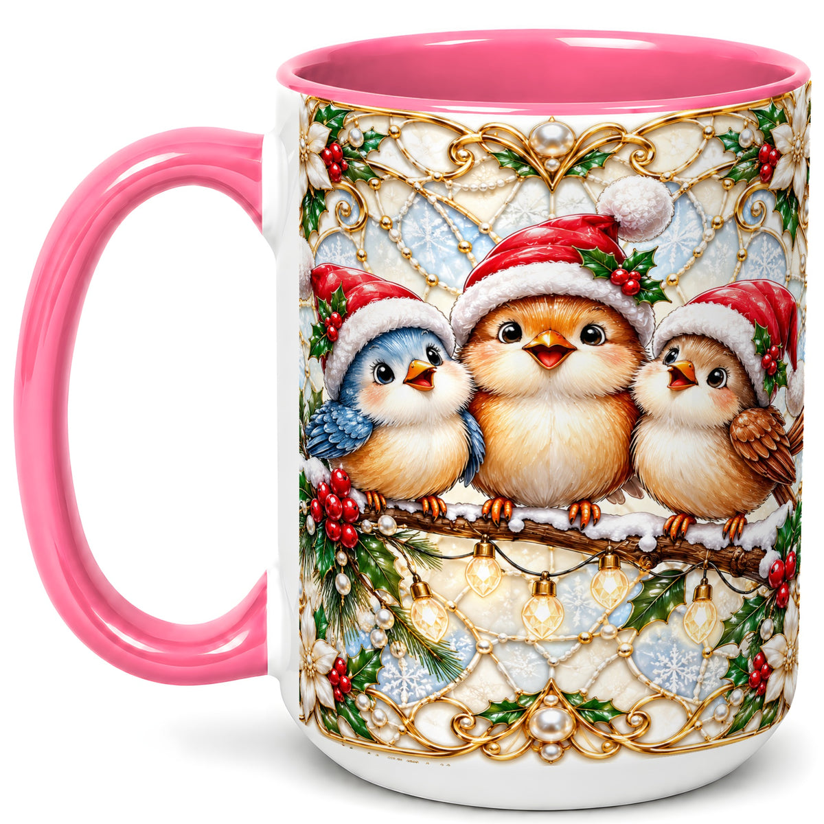 #pl[15oz|Pink] Christmas Songbirds Coffee Mug, Santa Bird Mug, Ceramic Cup