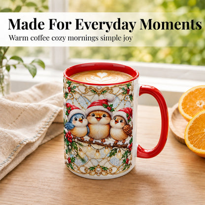 #pl[15oz|Red] Christmas Songbirds Coffee Mug, Santa Bird Mug, Ceramic Cup