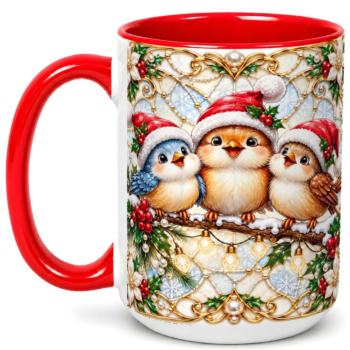 #pl[15oz|Red] Christmas Songbirds Coffee Mug, Santa Bird Mug, Ceramic Cup