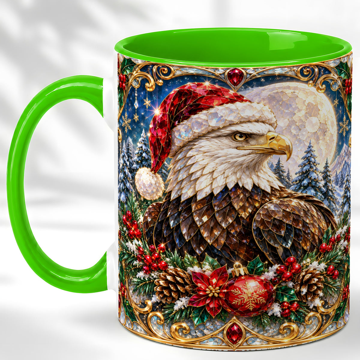 #pl[11oz|Green] Christmas Eagle Coffee Mug, Santa Eagle Mug, Ceramic Cup