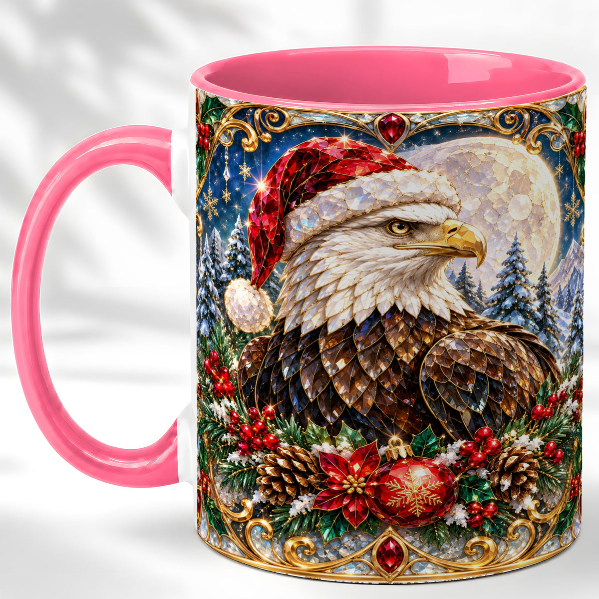 #pl[11oz|Pink] Christmas Eagle Coffee Mug, Santa Eagle Mug, Ceramic Cup
