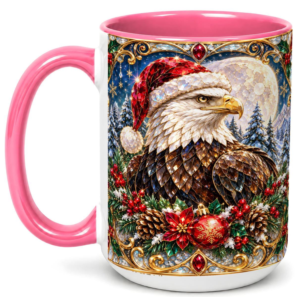 #pl[15oz|Pink] Christmas Eagle Coffee Mug, Santa Eagle Mug, Ceramic Cup