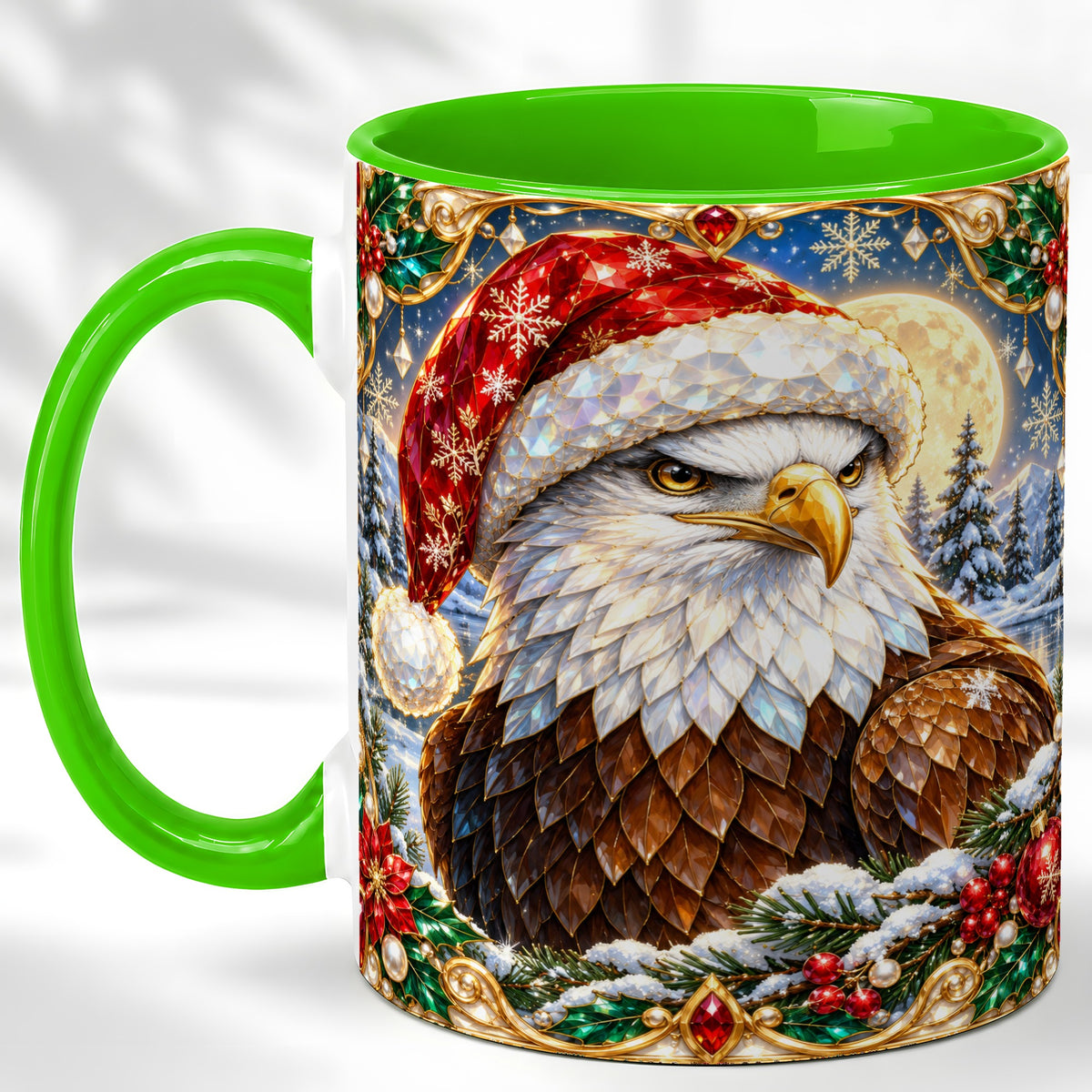#pl[11oz|Green] Christmas Bald Eagle Coffee Mug, Santa Eagle Mug, Ceramic Cup