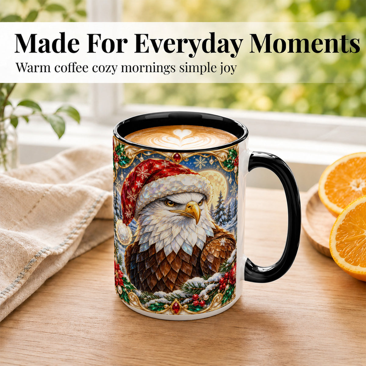 #pl[15oz|Black] Christmas Bald Eagle Coffee Mug, Santa Eagle Mug, Ceramic Cup