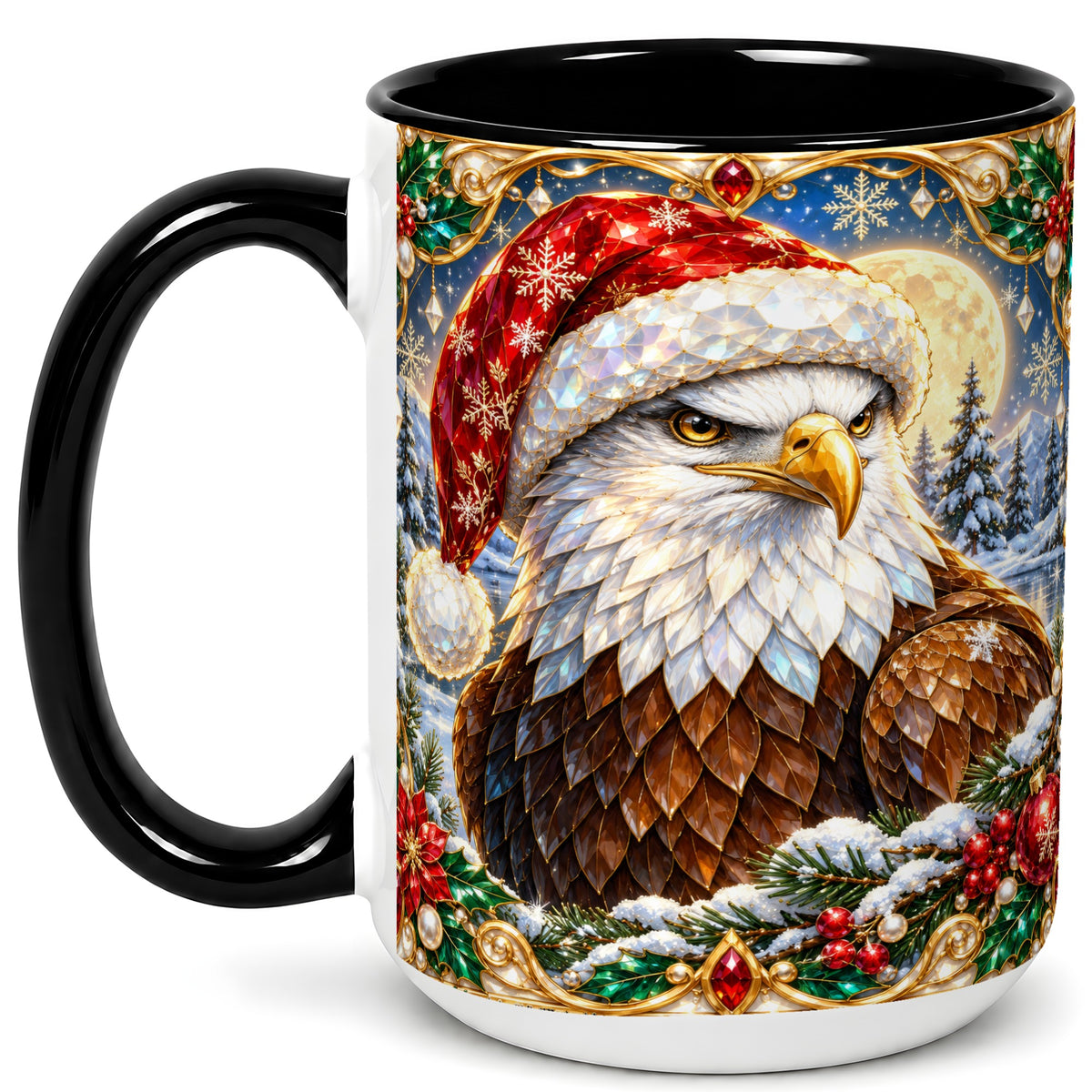#pl[15oz|Black] Christmas Bald Eagle Coffee Mug, Santa Eagle Mug, Ceramic Cup