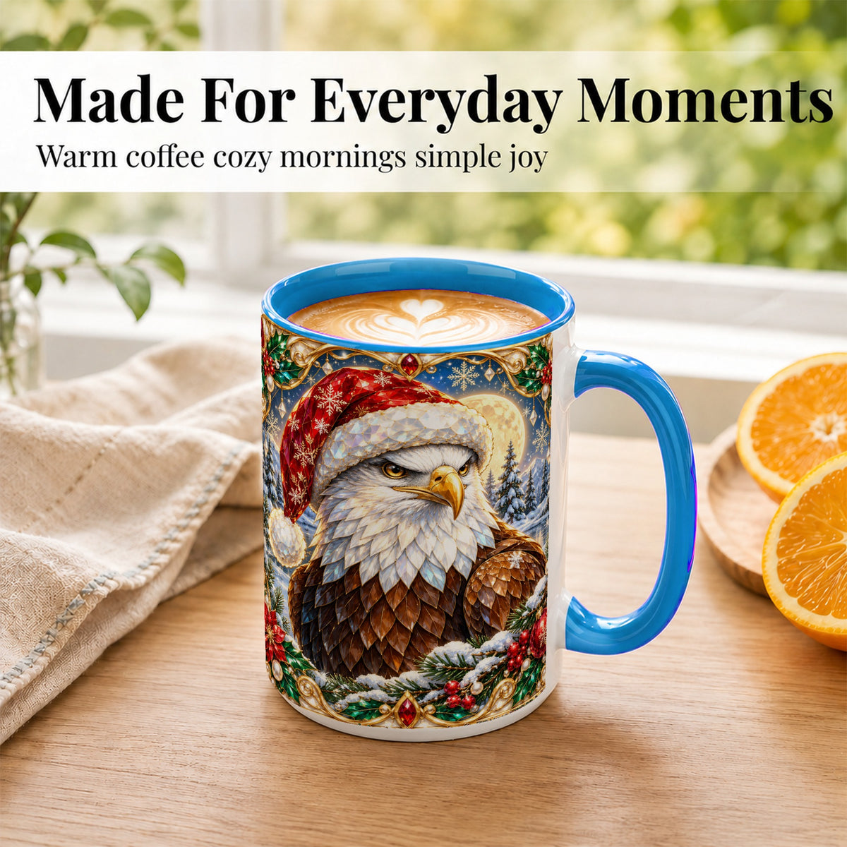 #pl[15oz|Blue] Christmas Bald Eagle Coffee Mug, Santa Eagle Mug, Ceramic Cup