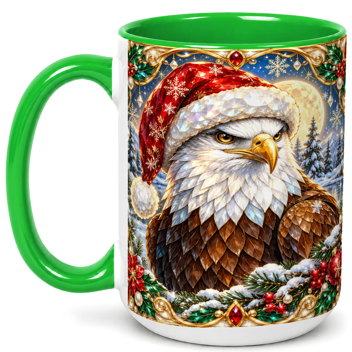#pl[15oz|Green] Christmas Bald Eagle Coffee Mug, Santa Eagle Mug, Ceramic Cup