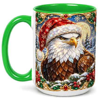 #pl[15oz|Green] Christmas Bald Eagle Coffee Mug, Santa Eagle Mug, Ceramic Cup