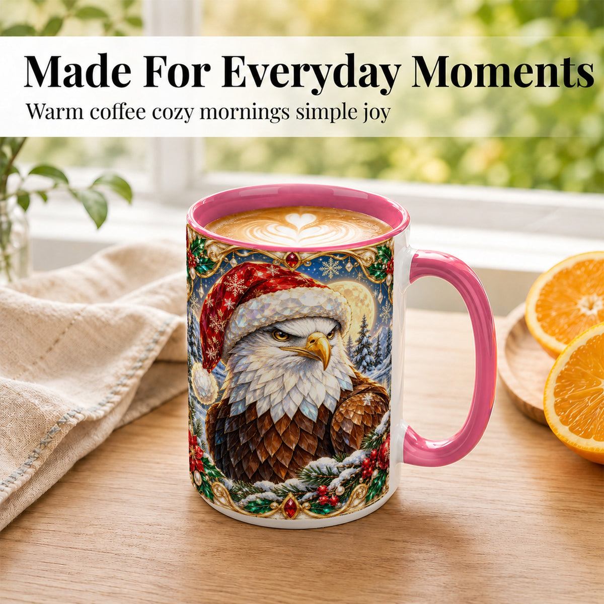 #pl[15oz|Pink] Christmas Bald Eagle Coffee Mug, Santa Eagle Mug, Ceramic Cup