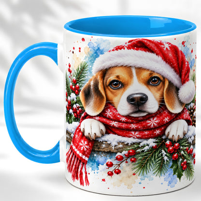 #pl[11oz|Blue] Christmas Beagle Coffee Mug, Santa Dog Mug, Ceramic Cup