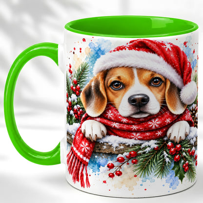 #pl[11oz|Green] Christmas Beagle Coffee Mug, Santa Dog Mug, Ceramic Cup