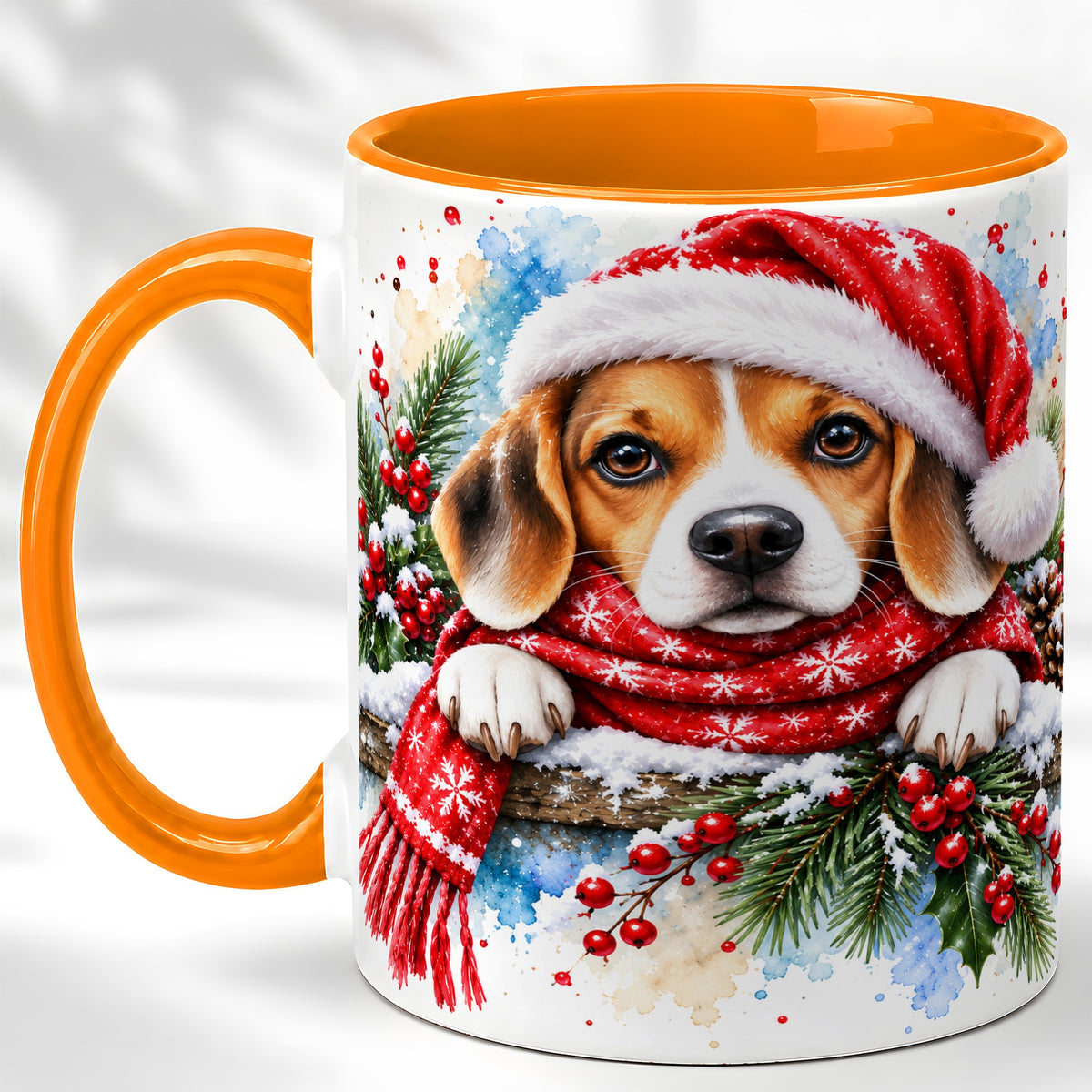 #pl[11oz|Orange] Christmas Beagle Coffee Mug, Santa Dog Mug, Ceramic Cup