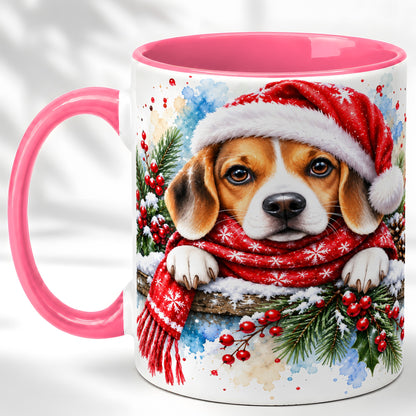 #pl[11oz|Pink] Christmas Beagle Coffee Mug, Santa Dog Mug, Ceramic Cup