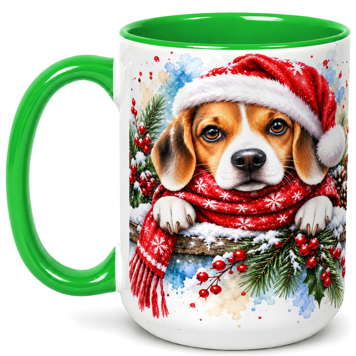#pl[15oz|Green] Christmas Beagle Coffee Mug, Santa Dog Mug, Ceramic Cup