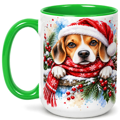 #pl[15oz|Green] Christmas Beagle Coffee Mug, Santa Dog Mug, Ceramic Cup