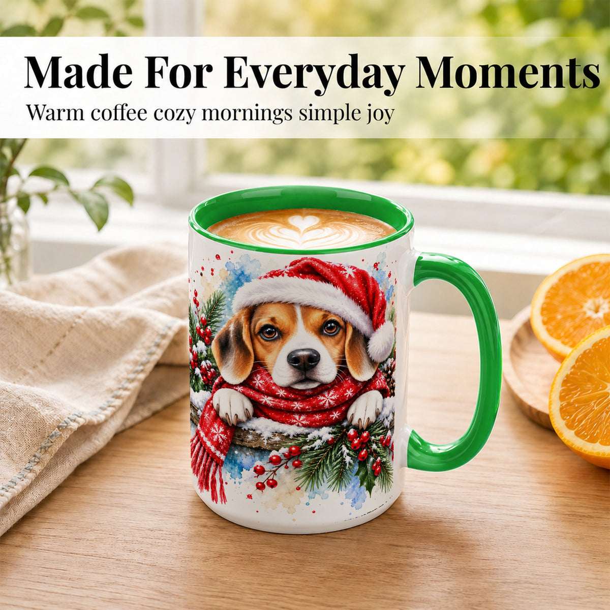 #pl[15oz|Green] Christmas Beagle Coffee Mug, Santa Dog Mug, Ceramic Cup