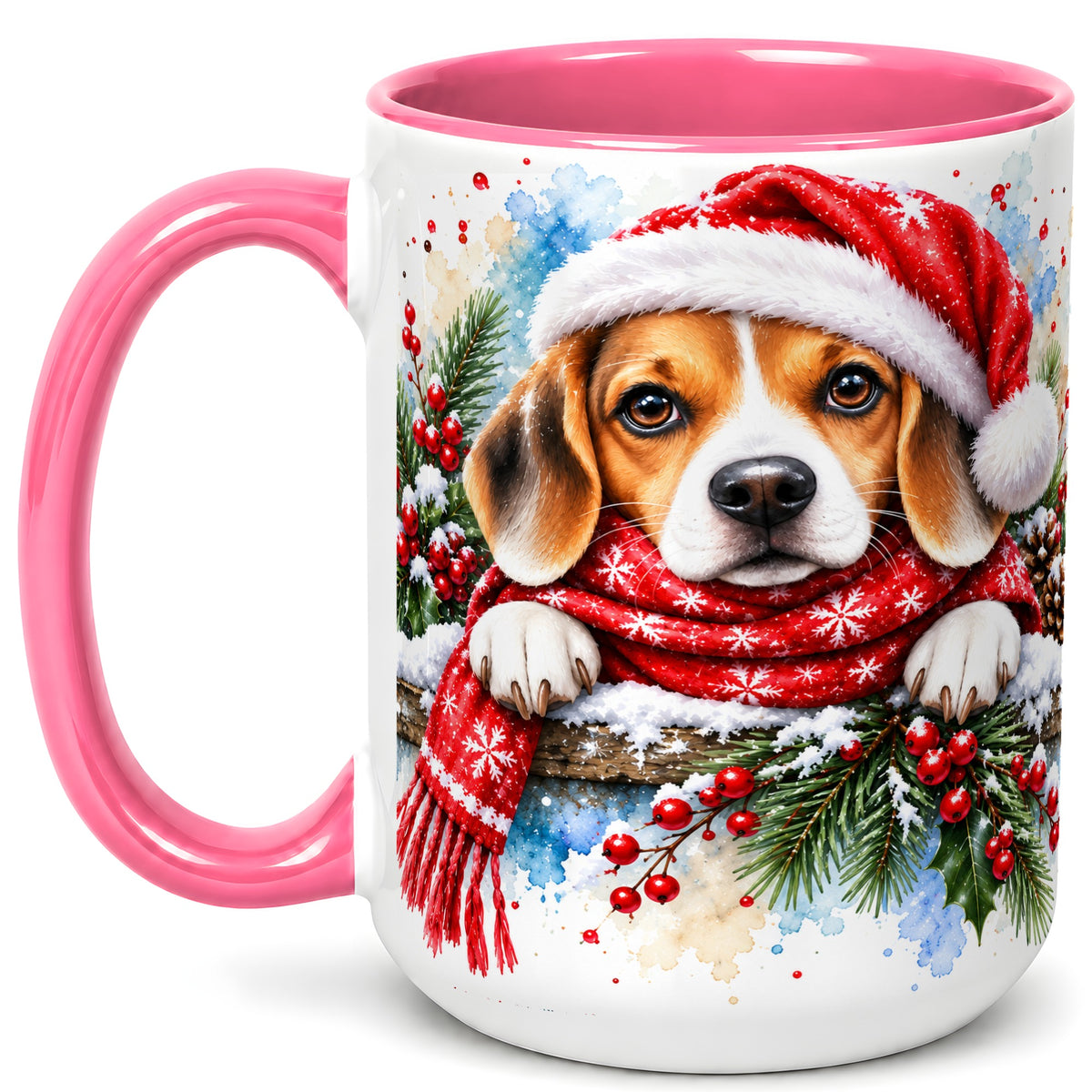 #pl[15oz|Pink] Christmas Beagle Coffee Mug, Santa Dog Mug, Ceramic Cup