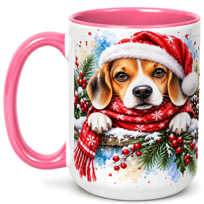 #pl[15oz|Pink] Christmas Beagle Coffee Mug, Santa Dog Mug, Ceramic Cup