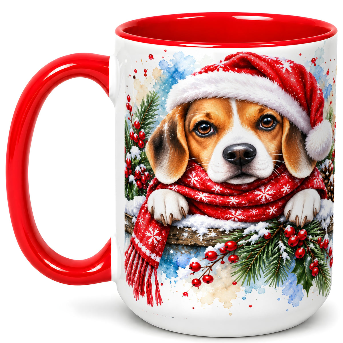 #pl[15oz|Red] Christmas Beagle Coffee Mug, Santa Dog Mug, Ceramic Cup