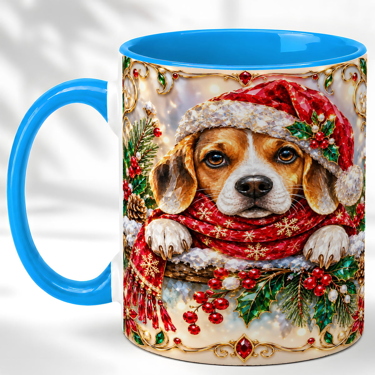 #pl[11oz|Blue] Christmas Beagle Coffee Mug, Holiday Puppy Mug, Ceramic Cup