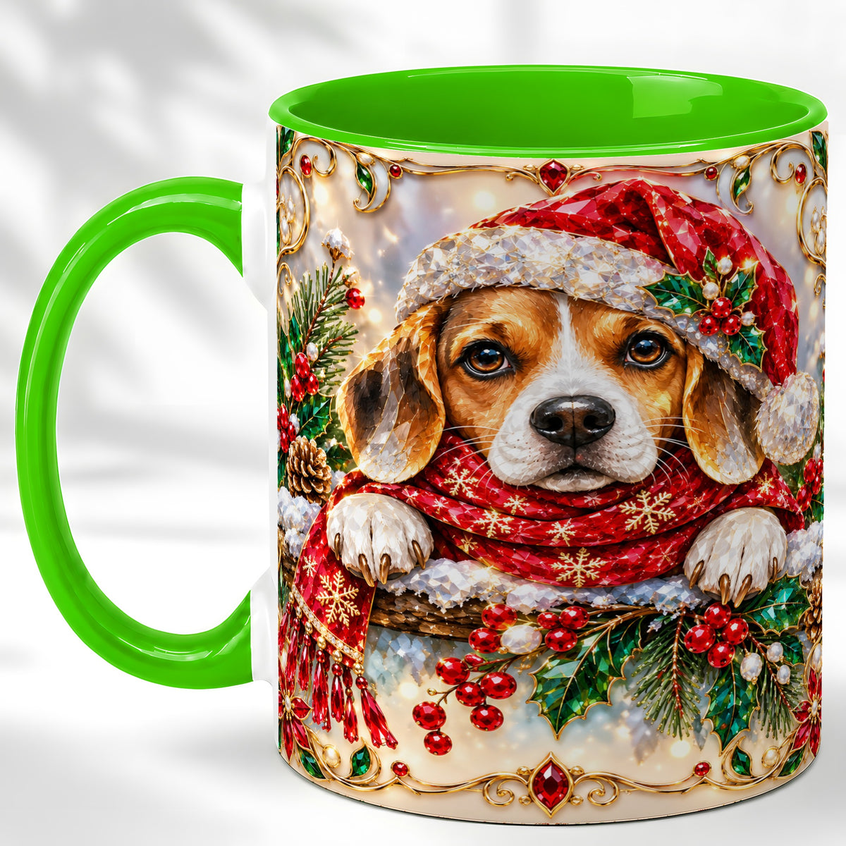 #pl[11oz|Green] Christmas Beagle Coffee Mug, Holiday Puppy Mug, Ceramic Cup