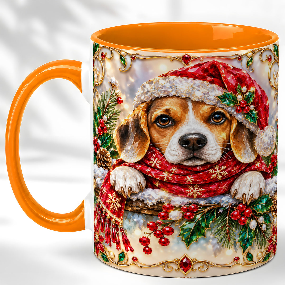 #pl[11oz|Orange] Christmas Beagle Coffee Mug, Holiday Puppy Mug, Ceramic Cup