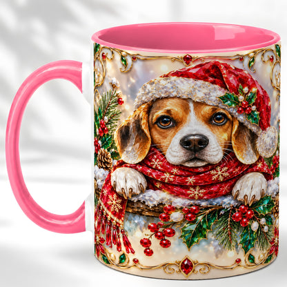 #pl[11oz|Pink] Christmas Beagle Coffee Mug, Holiday Puppy Mug, Ceramic Cup