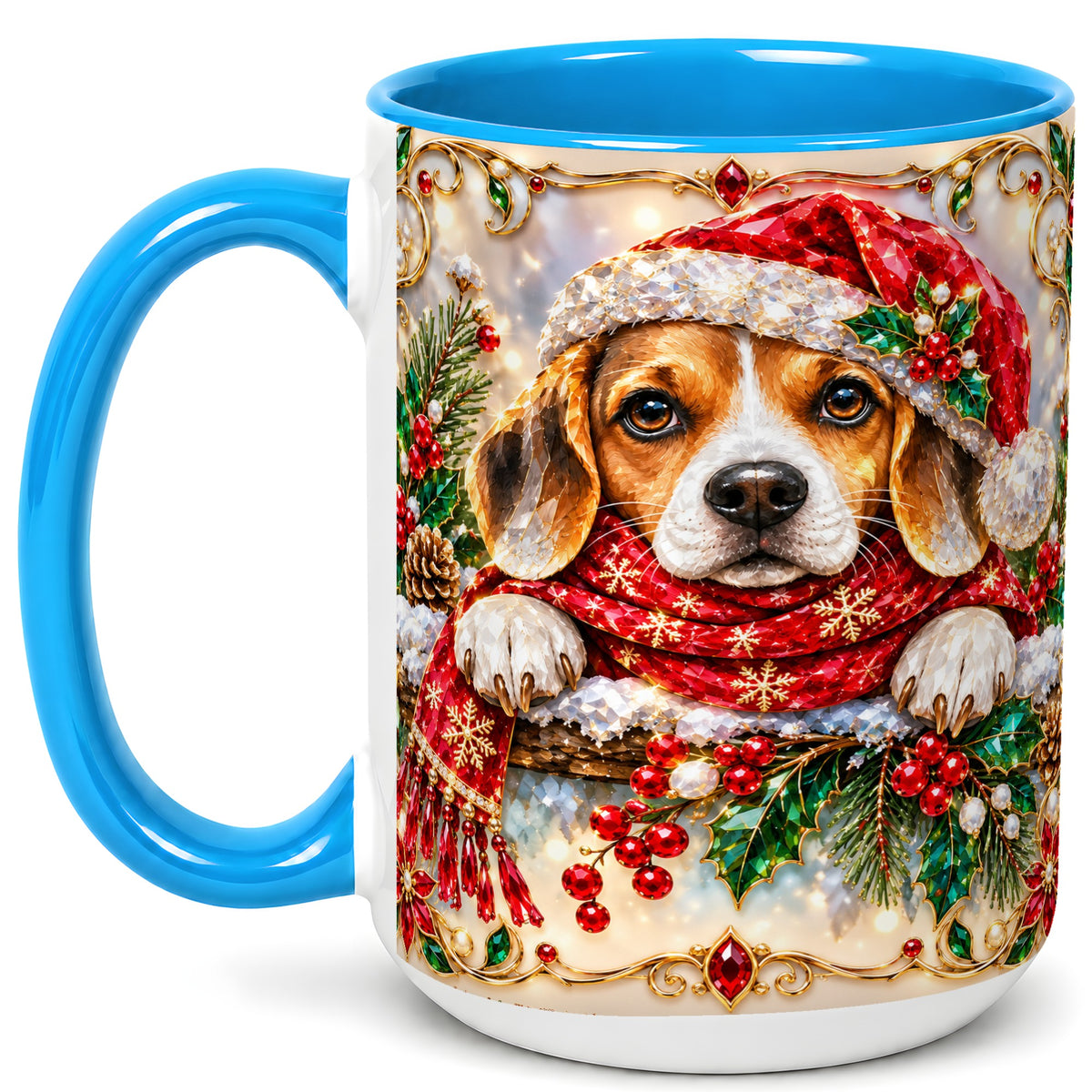 #pl[15oz|Blue] Christmas Beagle Coffee Mug, Holiday Puppy Mug, Ceramic Cup