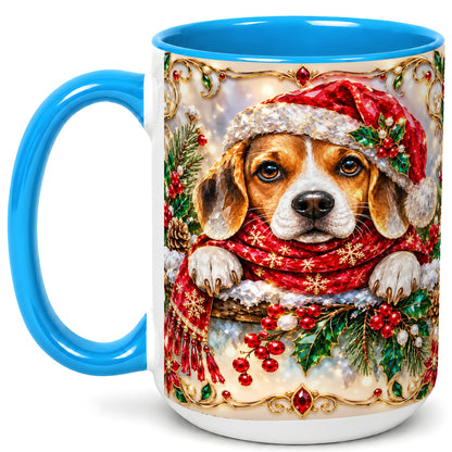 #pl[15oz|Blue] Christmas Beagle Coffee Mug, Holiday Puppy Mug, Ceramic Cup