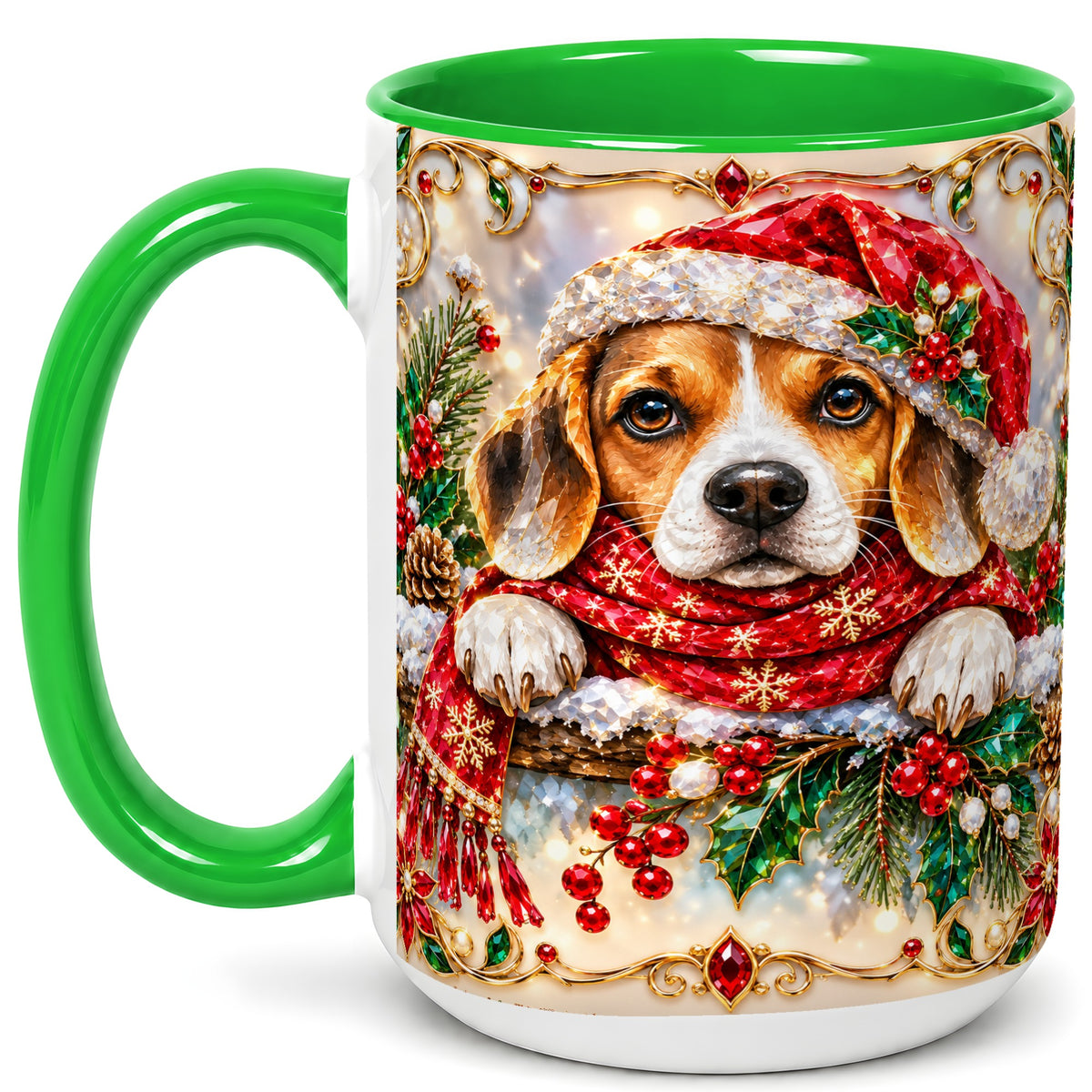 #pl[15oz|Green] Christmas Beagle Coffee Mug, Holiday Puppy Mug, Ceramic Cup