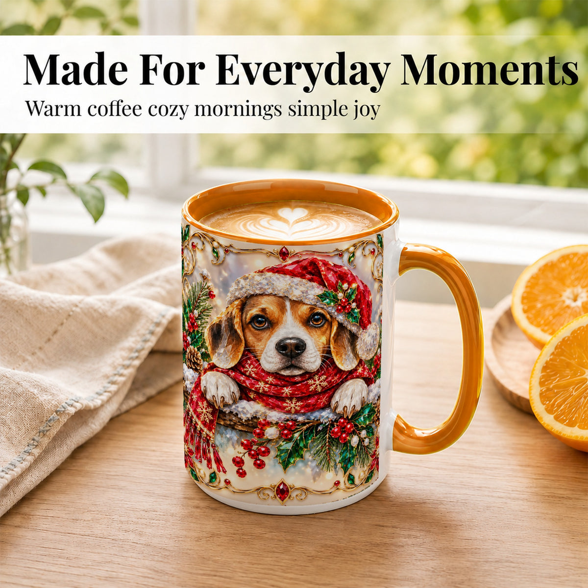 #pl[15oz|Orange] Christmas Beagle Coffee Mug, Holiday Puppy Mug, Ceramic Cup