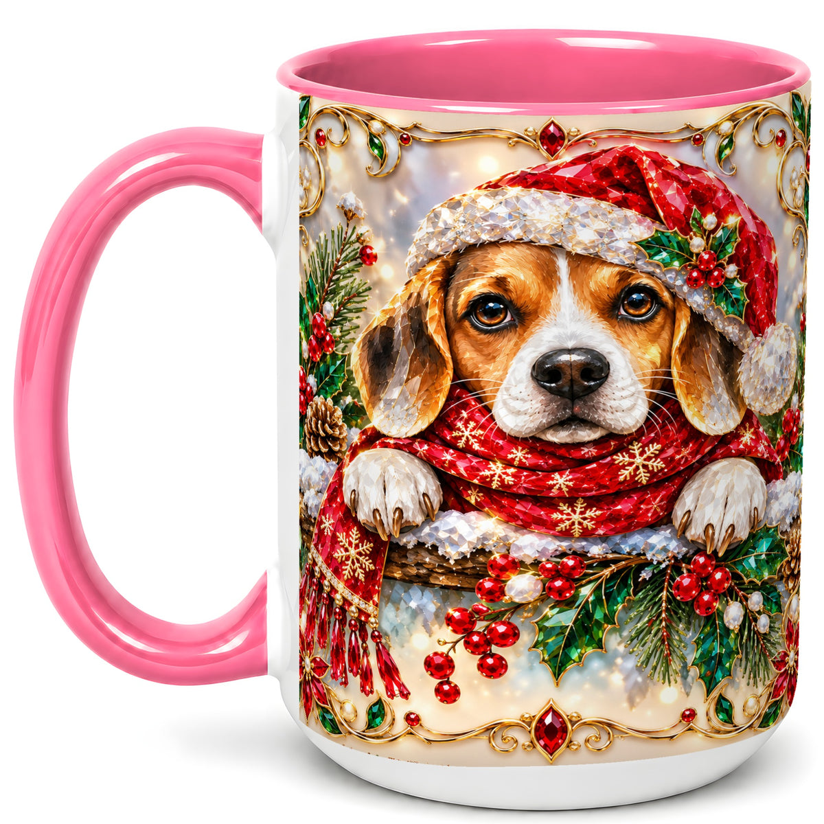 #pl[15oz|Pink] Christmas Beagle Coffee Mug, Holiday Puppy Mug, Ceramic Cup