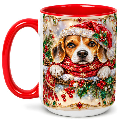 #pl[15oz|Red] Christmas Beagle Coffee Mug, Holiday Puppy Mug, Ceramic Cup