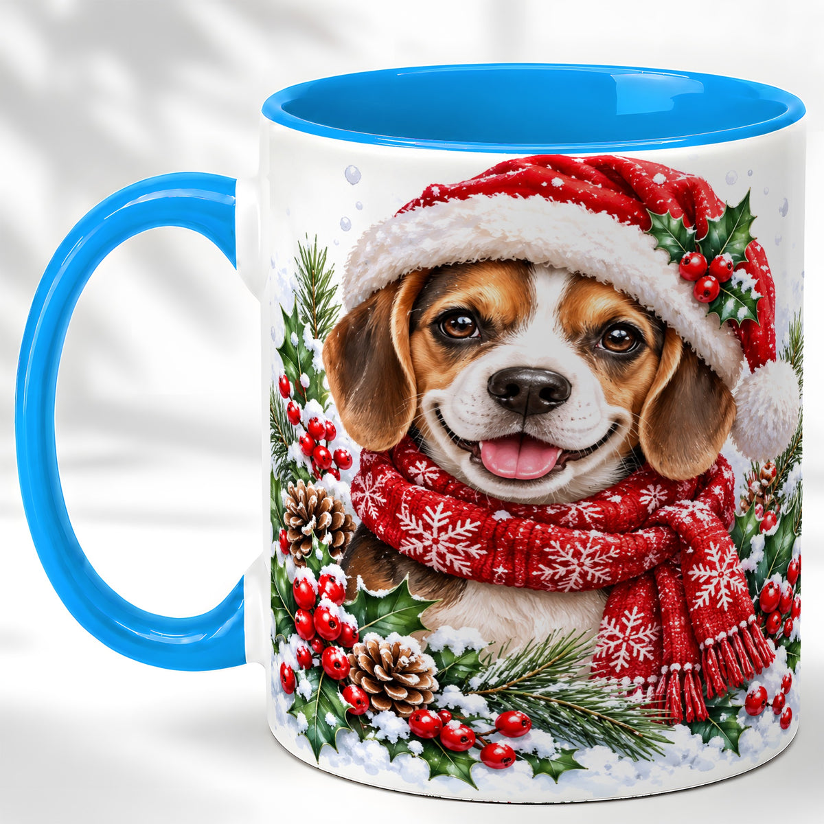 #pl[11oz|Blue] Christmas Beagle Coffee Mug, Snowy Puppy Mug, Ceramic Cup