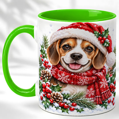 #pl[11oz|Green] Christmas Beagle Coffee Mug, Snowy Puppy Mug, Ceramic Cup