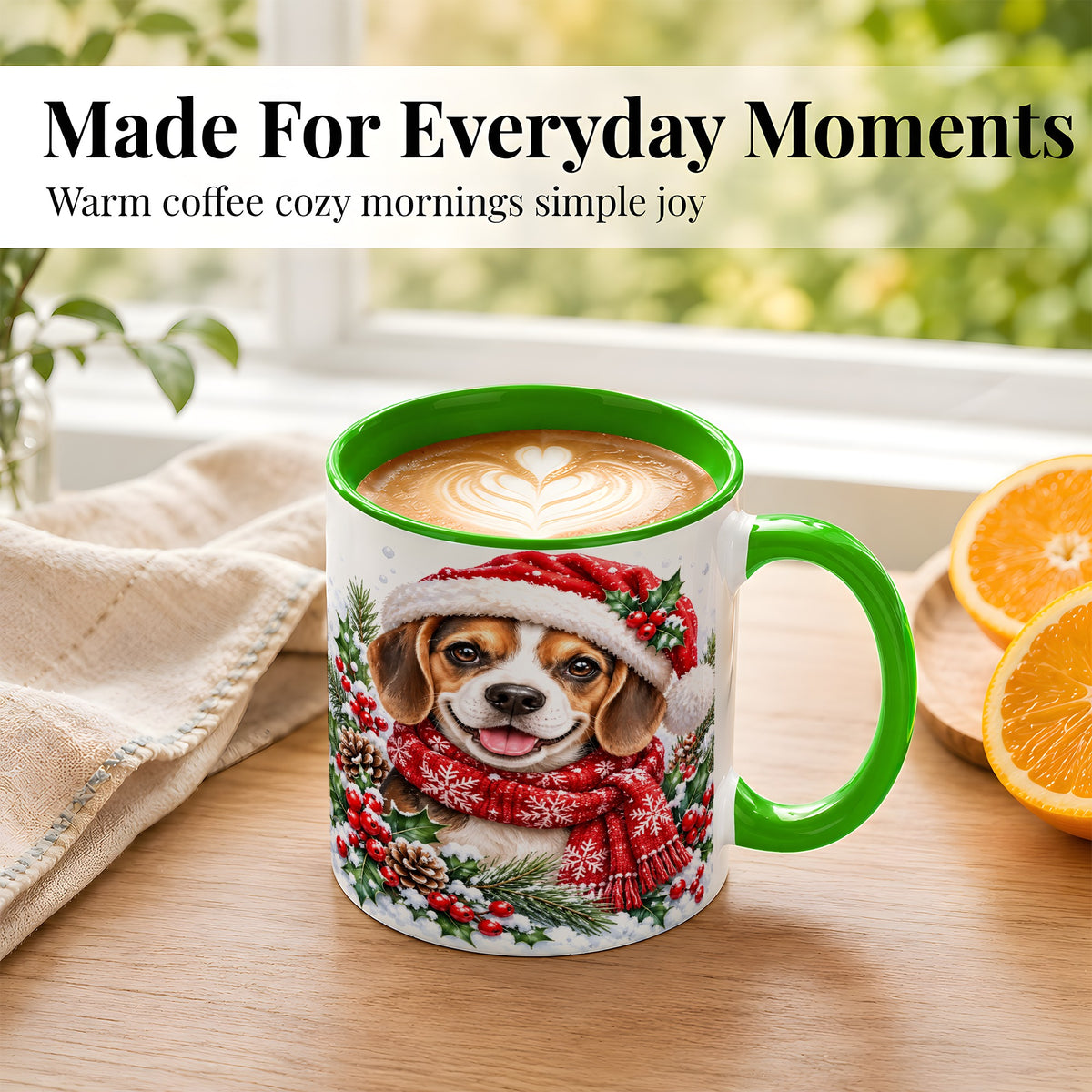 #pl[11oz|Green] Christmas Beagle Coffee Mug, Snowy Puppy Mug, Ceramic Cup
