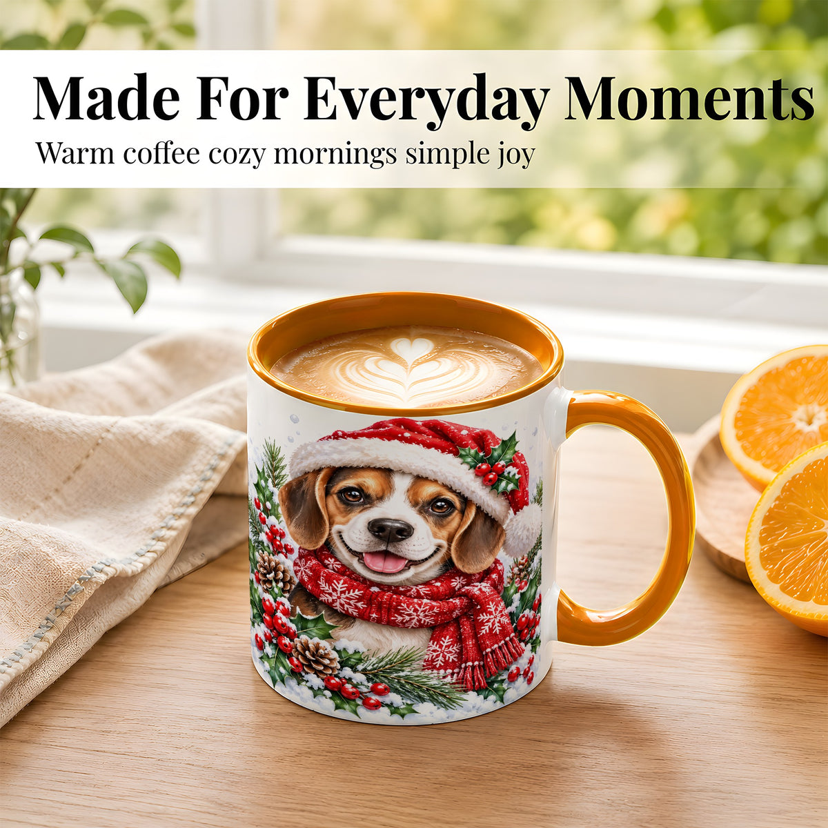 #pl[11oz|Orange] Christmas Beagle Coffee Mug, Snowy Puppy Mug, Ceramic Cup