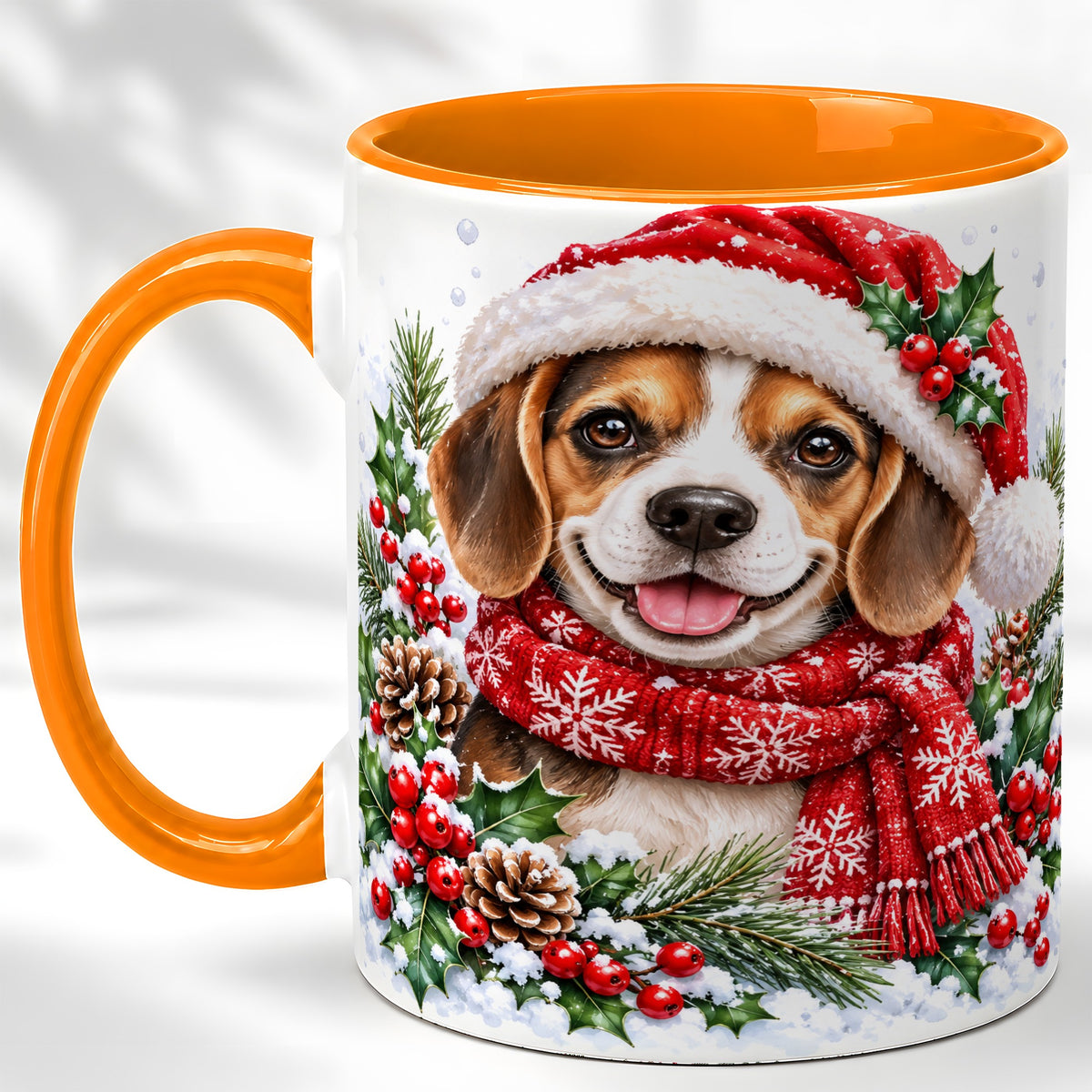 #pl[11oz|Orange] Christmas Beagle Coffee Mug, Snowy Puppy Mug, Ceramic Cup