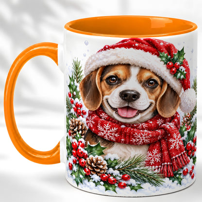 #pl[11oz|Orange] Christmas Beagle Coffee Mug, Snowy Puppy Mug, Ceramic Cup