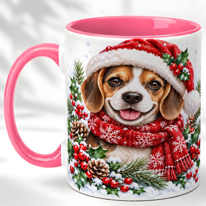 #pl[11oz|Pink] Christmas Beagle Coffee Mug, Snowy Puppy Mug, Ceramic Cup