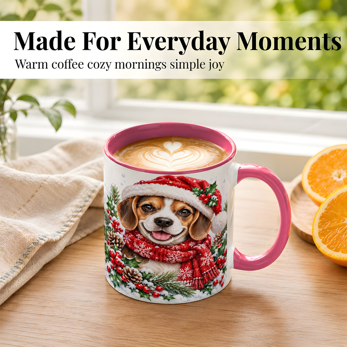 #pl[11oz|Pink] Christmas Beagle Coffee Mug, Snowy Puppy Mug, Ceramic Cup