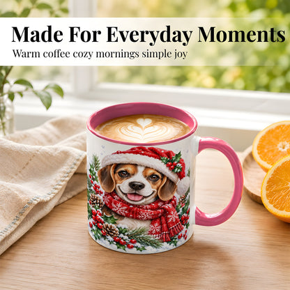 #pl[11oz|Pink] Christmas Beagle Coffee Mug, Snowy Puppy Mug, Ceramic Cup