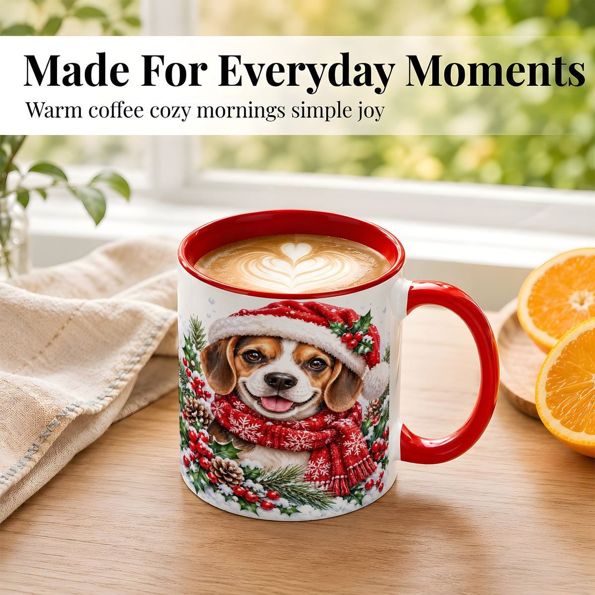 #pl[11oz|Red] Christmas Beagle Coffee Mug, Snowy Puppy Mug, Ceramic Cup