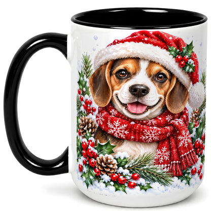 #pl[15oz|Black] Christmas Beagle Coffee Mug, Snowy Puppy Mug, Ceramic Cup