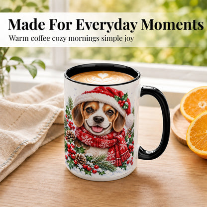 #pl[15oz|Black] Christmas Beagle Coffee Mug, Snowy Puppy Mug, Ceramic Cup