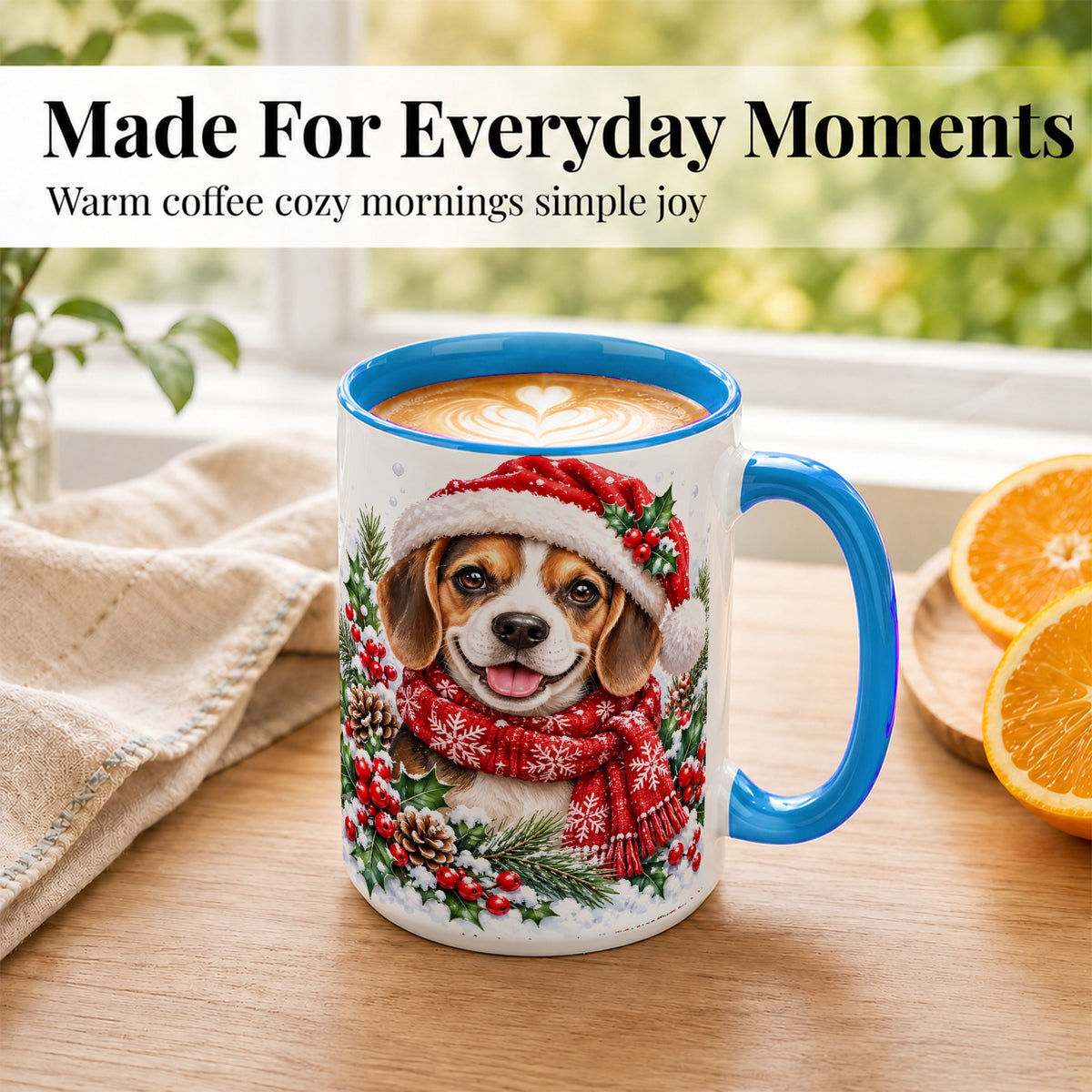 #pl[15oz|Blue] Christmas Beagle Coffee Mug, Snowy Puppy Mug, Ceramic Cup