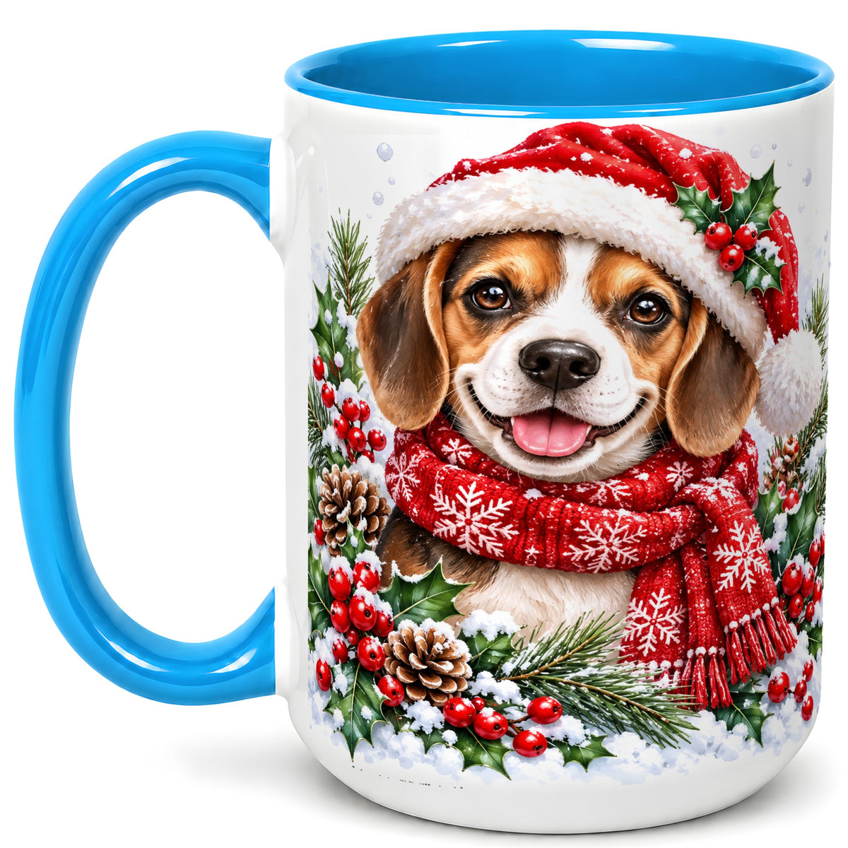 #pl[15oz|Blue] Christmas Beagle Coffee Mug, Snowy Puppy Mug, Ceramic Cup