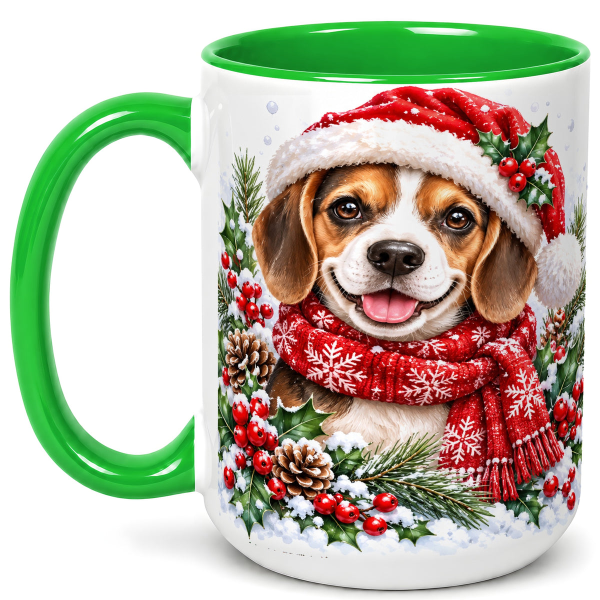 #pl[15oz|Green] Christmas Beagle Coffee Mug, Snowy Puppy Mug, Ceramic Cup